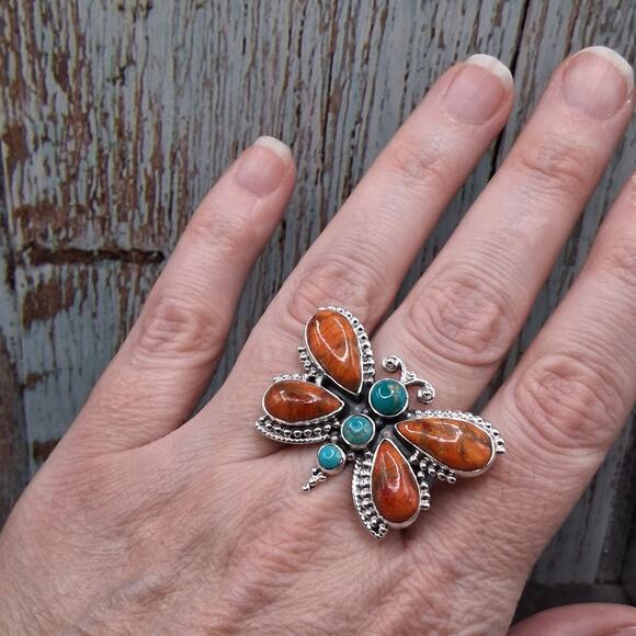 Southwestern Turquoise Spiny Oyster Ring Size 6-9 Butterfly Sterling Silver - Picture 4 of 10